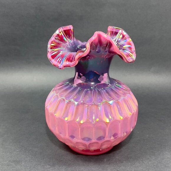 Vtg Frank Fenton Art Glass Plum Pink Carnival Iridescent Thumbprint Vase Signed - Picture 4 of 15